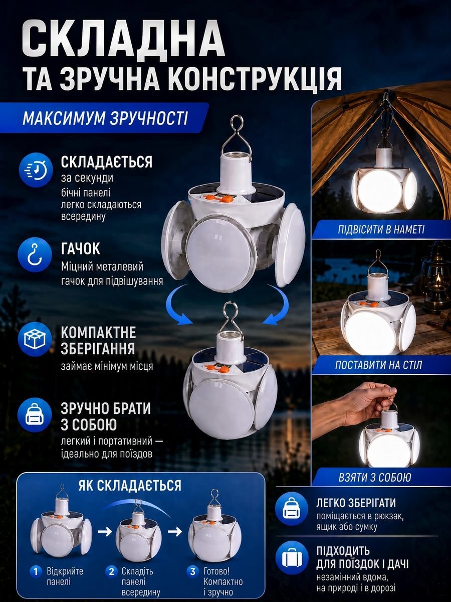 Сонячний LED-ліхтар 360° — складається за секунди